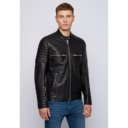 Mens Black Leather Crew Neck Biker Jacket