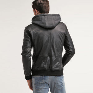 mens black leather hooded bomber jacket back