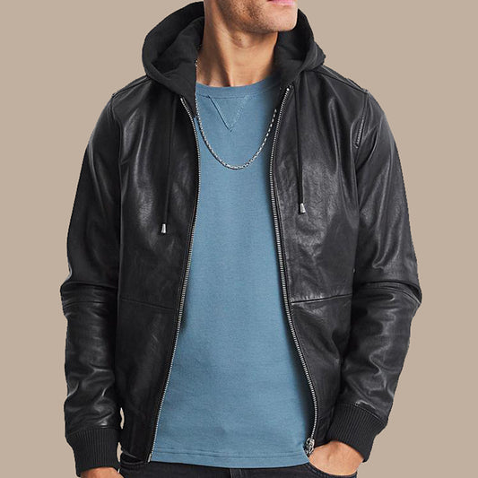 mens black leather hooded bomber jacket - Fashion Leather Jackets USA - 3AMOTO