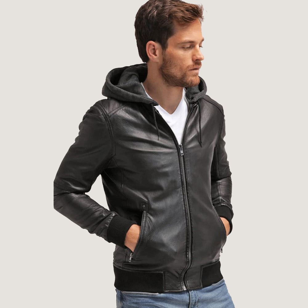 mens black leather hooded bomber jacket