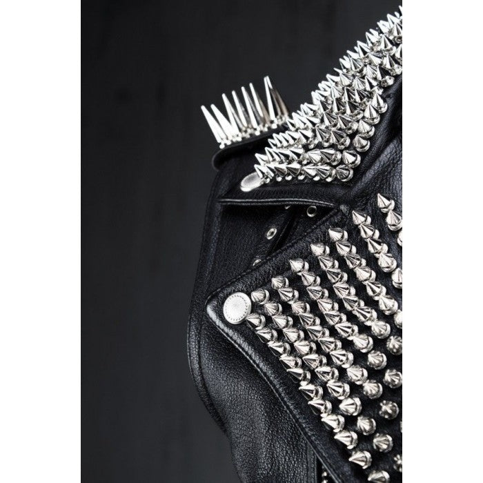 leathersguru Men Black Punk Silver Long Spiked Studded Leather Buttons Up Vest Silver Studs and Spikes Black Leather Studs Spike Large