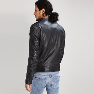 mens black leather perforated biker jacket back