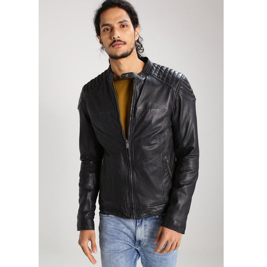 mens black leather perforated biker jacket - 3amoto shop