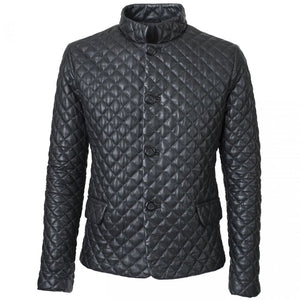 Mens Black Leather Puffer Jacket With Diamond Quilted