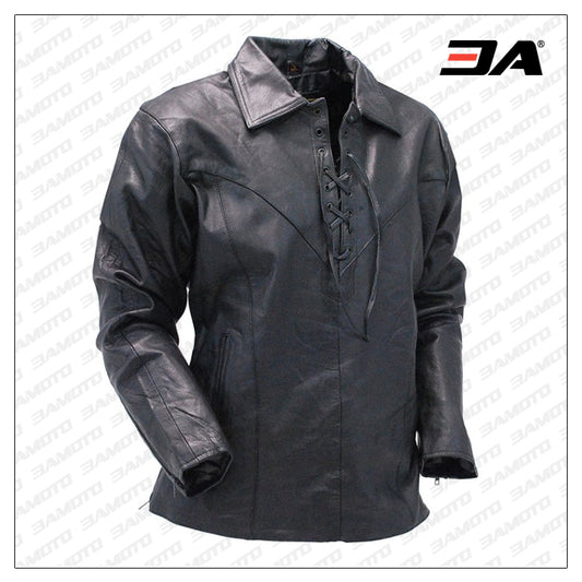 Mens Black Leather Pullover Shirt Lace Up - Fashion Leather Jackets USA - 3AMOTO