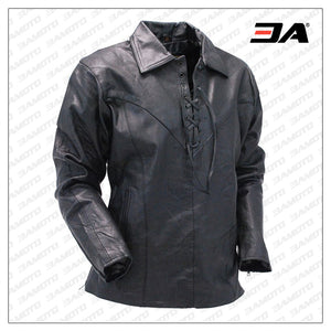 Mens Black Leather Pullover Shirt Lace Up
