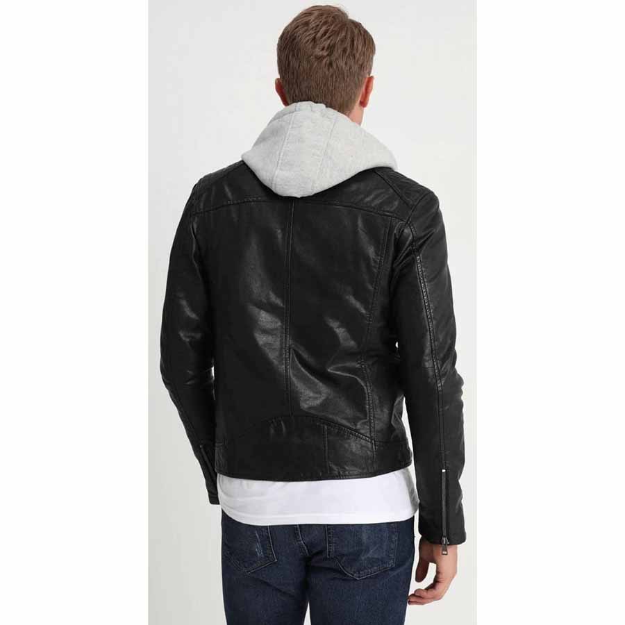 Mens Black Leather Removable Gray Hood Biker Jacket Back