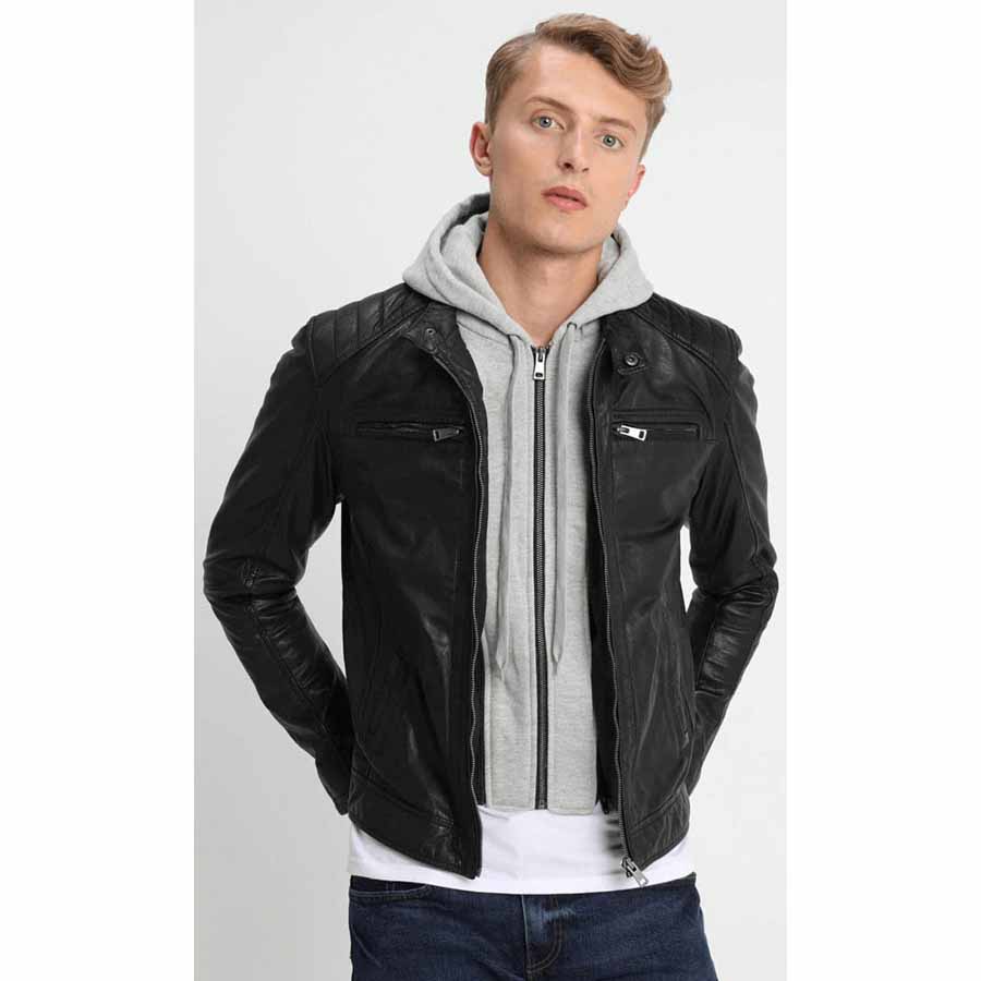 Buy Mens Black Leather Removable Gray Hood Biker Jacket on Sale