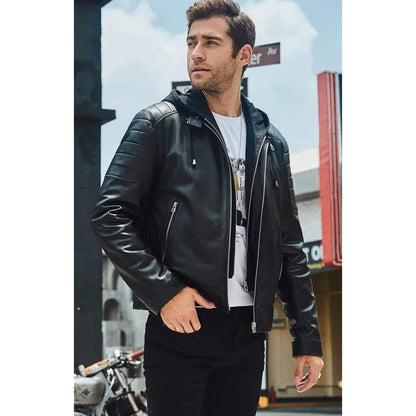 Mens Black Leather Removable Hood Biker Jacket Back