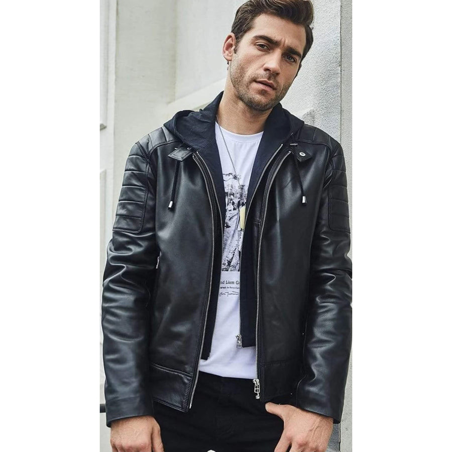 Mens Black Leather Removable Hood Biker Jacket