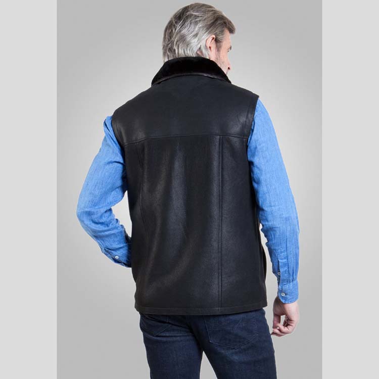 Mens Black Leather Shearling Vest Back