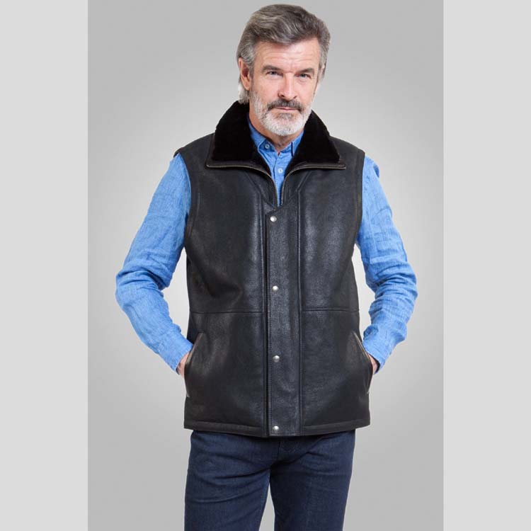 Mens Black Leather Shearling Vest