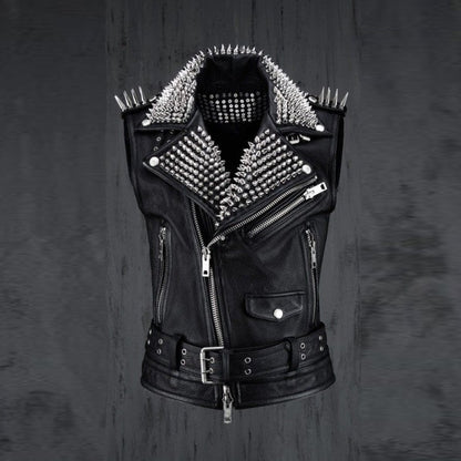 mens black leather silver studded biker punk vest