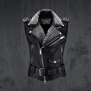 mens black leather silver studded biker punk vest