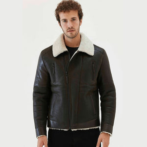 mens black leather white shearling collar jacket