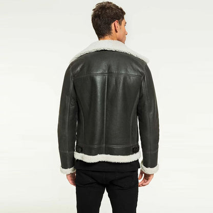 mens black leather white shearling jacket back