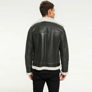 mens black leather white shearling jacket back