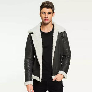 mens black leather white shearling jacket