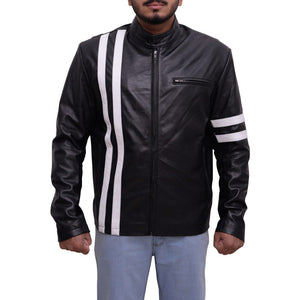 mens black pure leather jacket with white strips
