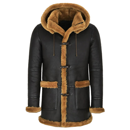 mens black shearling coat with hood