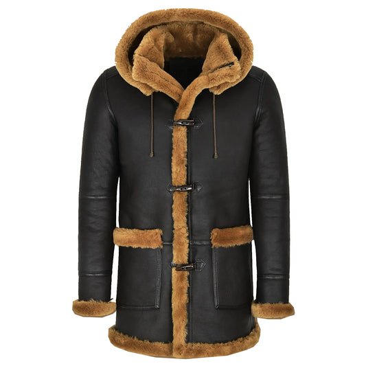 mens black shearling coat with hood - Fashion Leather Jackets USA - 3AMOTO