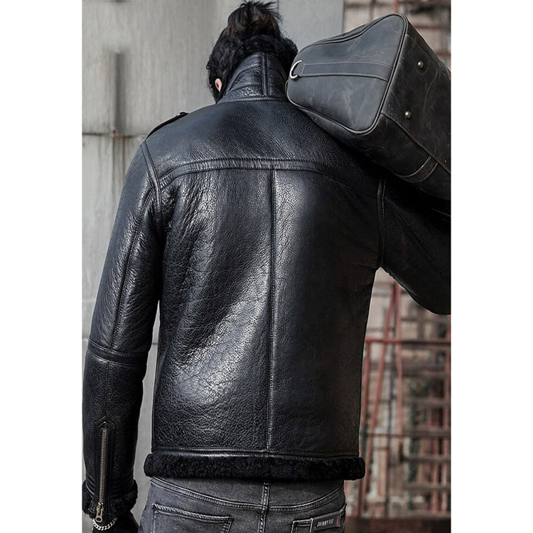 mens black shearling flight aviator jacket