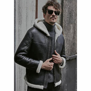 mens black sheepskin leather white shearling jacket with hood