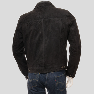 Mens Black Suede Leather Trucker Jacket