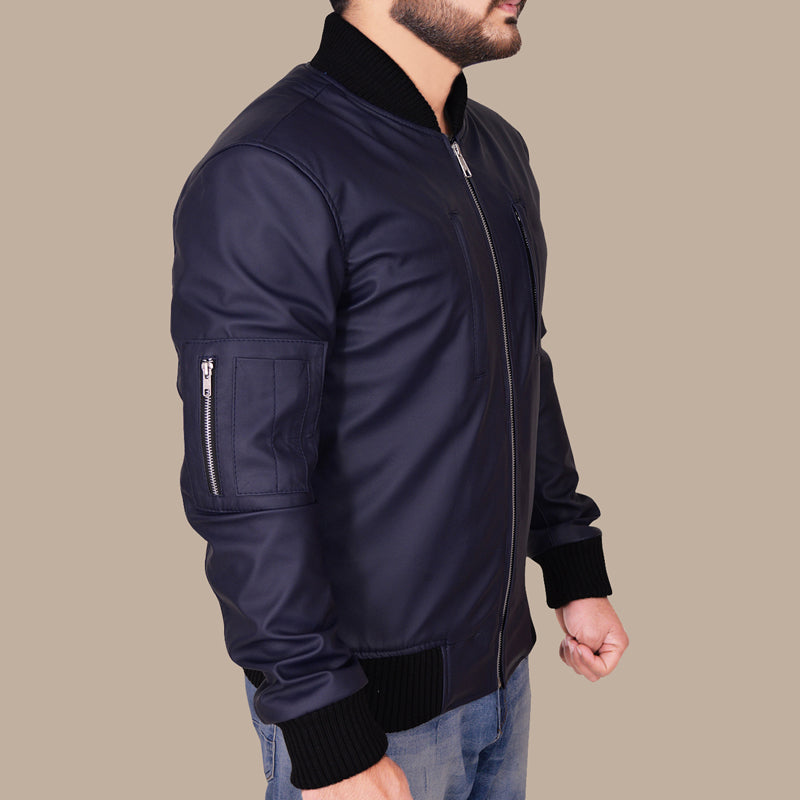Blue-black Genuine Lambskin Leather Varsity Bomber Jacket