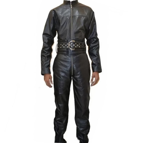 Mens Bold Fashion Real Sheepskin Black Leather Jumpsuit