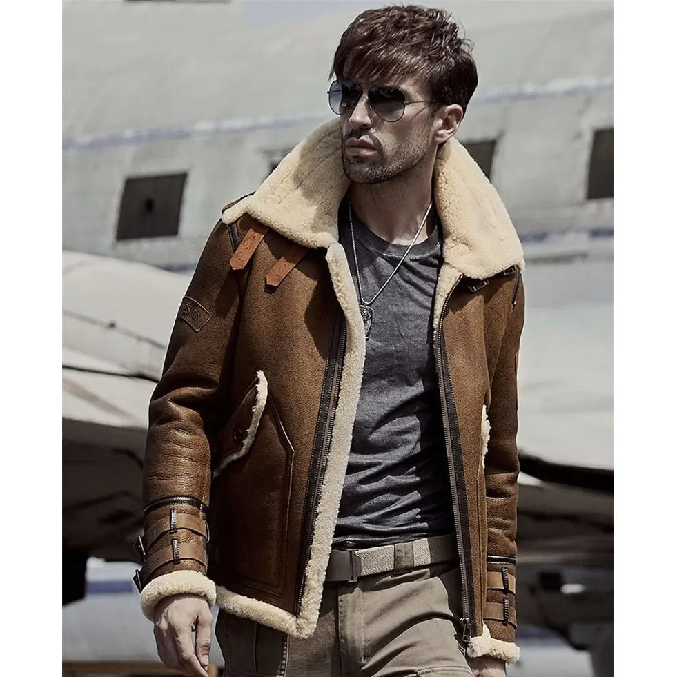 Mens Brown B3 B6 Sheepskin Shearling Bomber Jacket