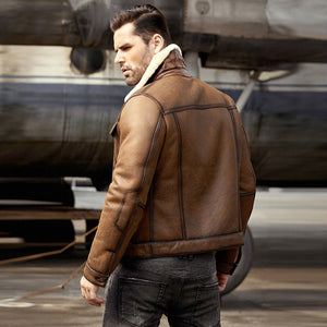 mens brown b3 shearling flight aviator coat jacket back