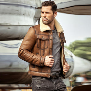 mens brown b3 shearling flight aviator coat jacket right side