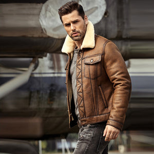 mens brown b3 shearling flight aviator coat jacket side