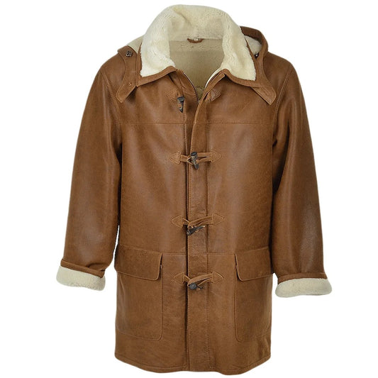 mens brown fur shearling long coat hooded - Fashion Leather Jackets USA - 3AMOTO