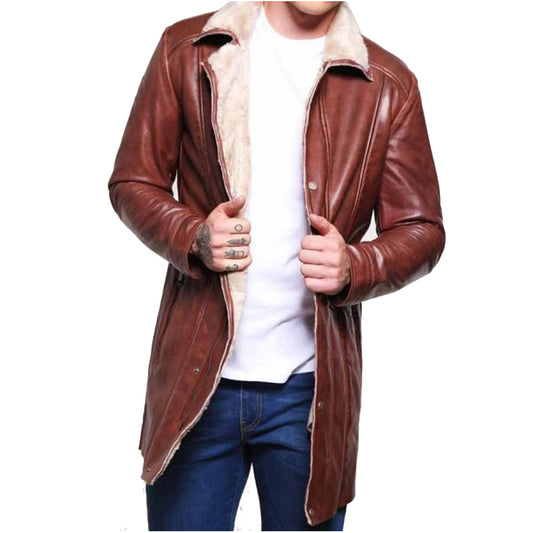 Mens Brown Leather Mid-Length Shearling Coat - Fashion Leather Jackets USA - 3AMOTO