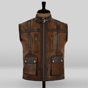 mens brown leather moto vest