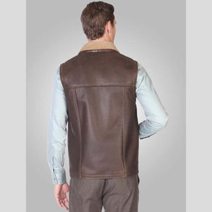 Mens Brown Leather Shearling Vest Back