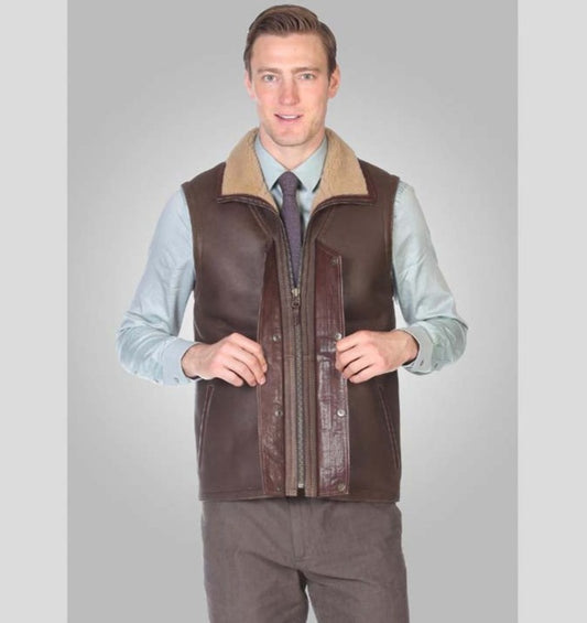 Mens Brown Leather Shearling Vest - Fashion Leather Jackets USA - 3AMOTO