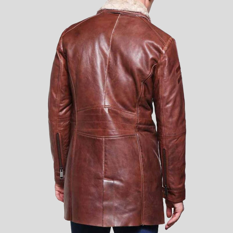 Mens Brown Mid-Length Shearling Coat Back