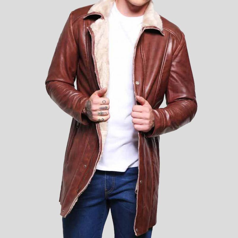 Mens Brown Mid-Length Shearling Coat