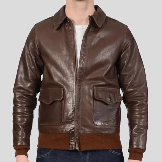 Mens Brown Real Leather Bomber Flight Jacket - Fashion Leather Jackets USA - 3AMOTO