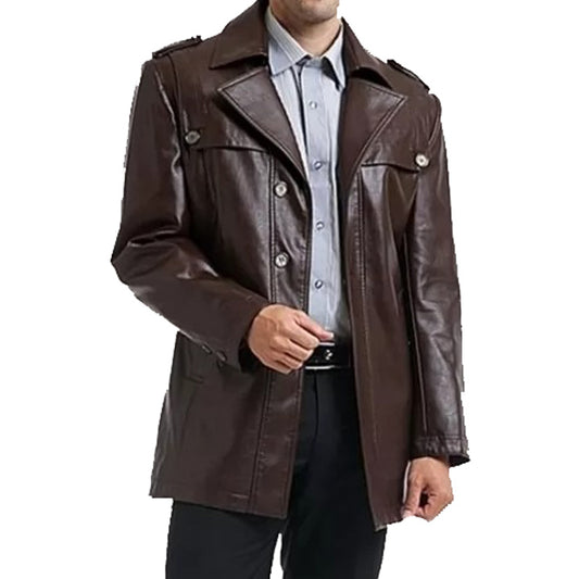 Mens Brown Single Breasted Motorcycle Leather Coat - Fashion Leather Jackets USA - 3AMOTO