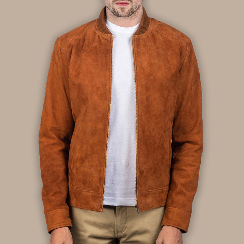 Mens Brown Bomber Suede Jacket - Brown Leather Jacket for Men