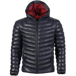 Mens Bubble Puffer Leather Jacket In Blue With Hood