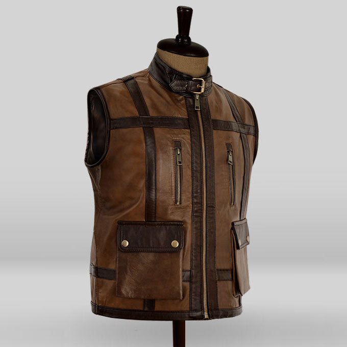 mens camel brown leather biker vest