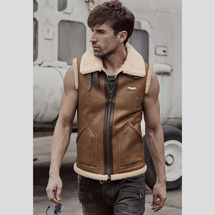 Mens Camel Brown Leather Shearling Vest