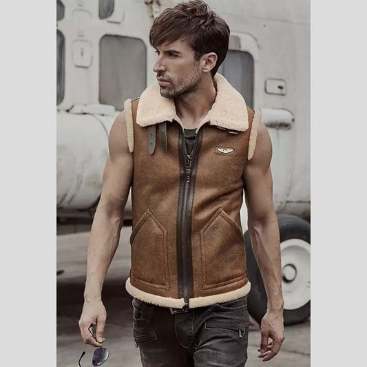 Mens Camel Brown Leather Shearling Vest - Fashion Leather Jackets USA - 3AMOTO