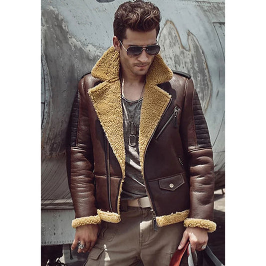 mens camel color leather shearling jacket - Fashion Leather Jackets USA - 3AMOTO