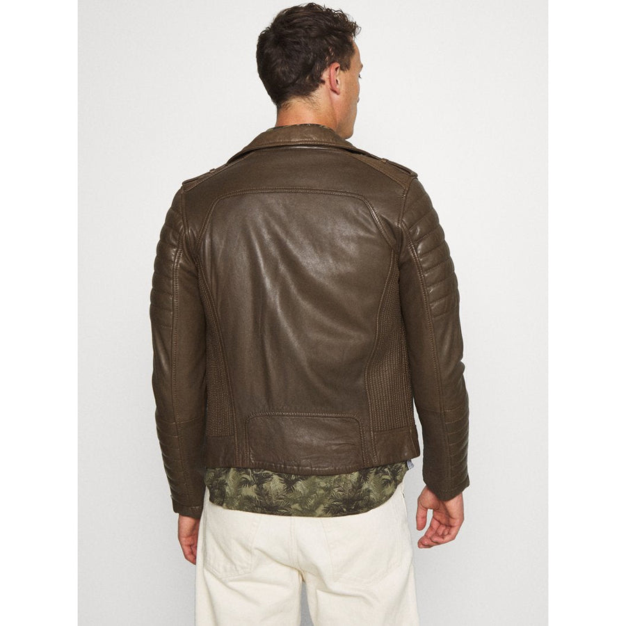 mens chocolate brown leather biker jacket back